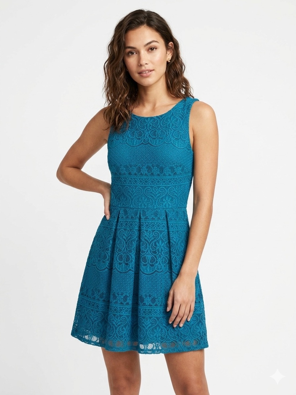 B Darlin Teal Blue Lace Fit-and-Flare Midi Dress Size 1/2